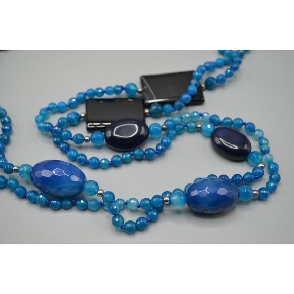 Faceted Blue Beaded 2-Strand Necklace & Bracelet Set Matching Chunky Jewelry - Picture 3 of 8